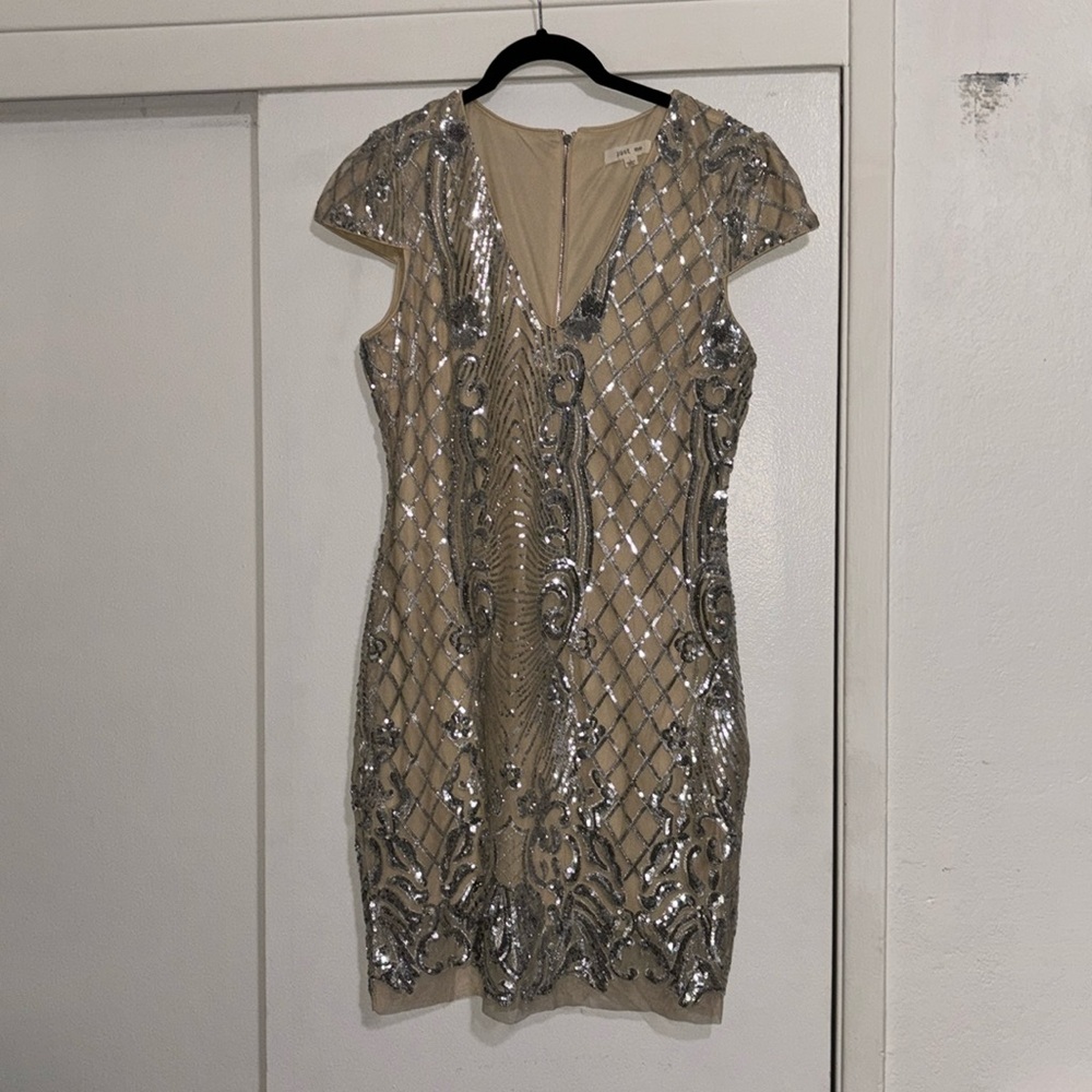 Just Me Silver Sequin Nude Beaded Mini Dress